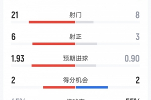 切尔西1-2桑德兰全场数据：射门8-21，射正3-6，红牌1-0